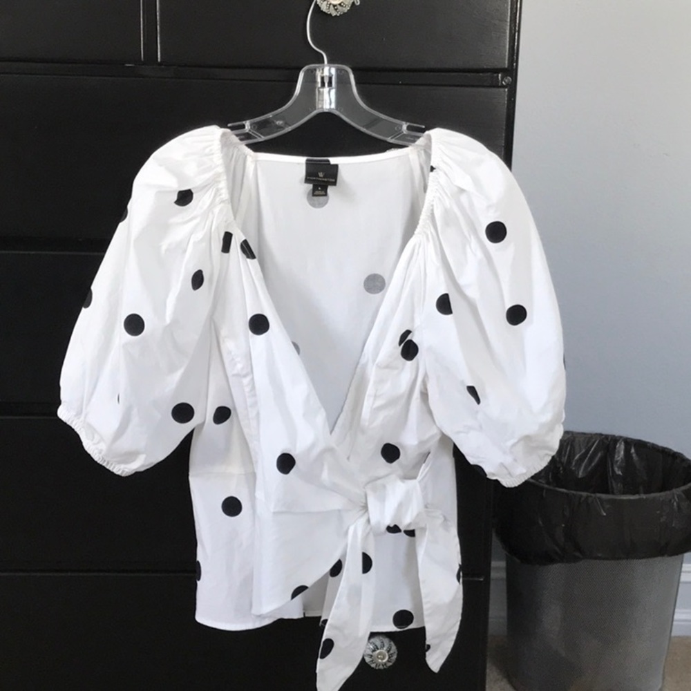 White and black polka dot wrap tie top